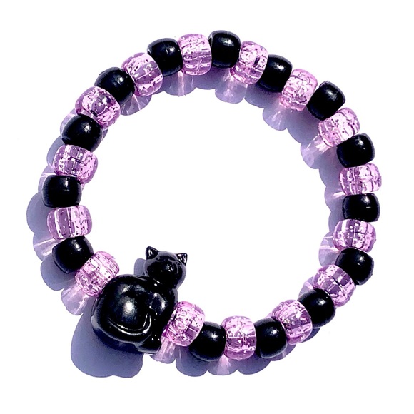 Black Cat Charm Beaded Bracelet - Goth, Emo, Witchy, Kitty - Picture 2 of 3
